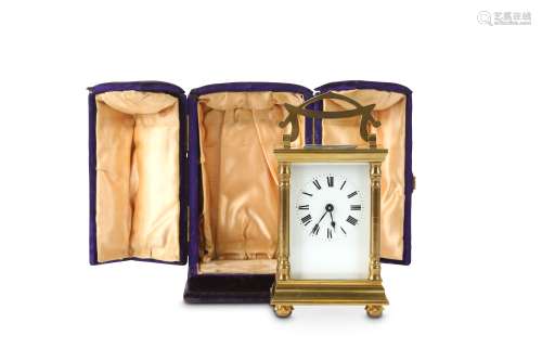 A LATE 19TH CENTURY FRENCH GILT BRASS CARRIAGE CLOCK BY DUVERDRY & BLOQUEL the case with three