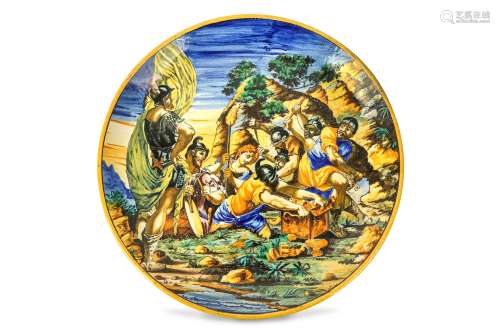 A LATE 19TH CENTURY ITALIAN MAJOLICA CHARGER BY CANTAGALLI depicting a battle scene within a rocky