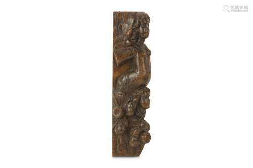 A 17TH CENTURY FRANCO-FLEMISH CARVED WALNUT CARYATID PANEL carved  in relief with a flat back with a