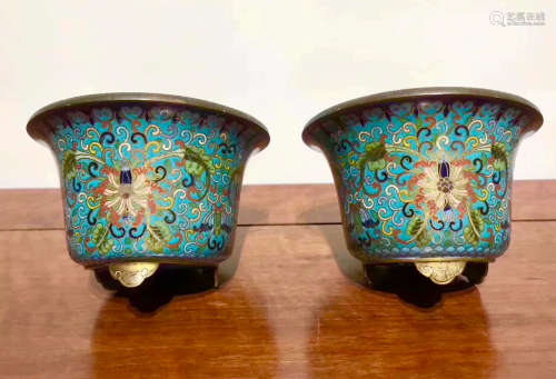 PAIR CLOISONNE FLORAL PATTERN SMALL POTS