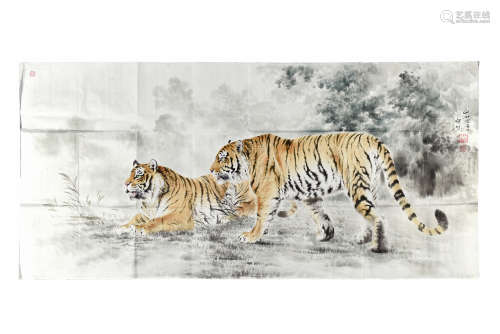ZHONG CHOI: INK ON PAPER PAINTING 'TWO MIGHTY TIGERS'