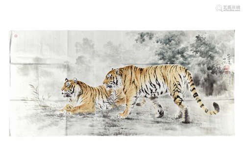 ZHONG CHOI: INK ON PAPER PAINTING 'TWO MIGHTY TIGERS'