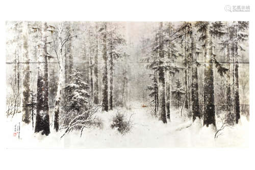 KIM CHUNJON: INK ON PAPER PAINTING 'TRACKS IN THE SNOWY FOREST'