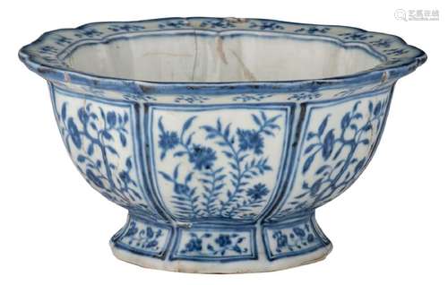 A Chinese blue and white lotus shaped footed bowl,