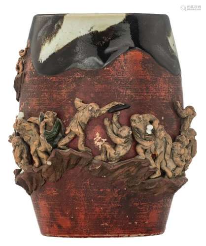 A Japanese Sumida gawa vase, overall relief decorated