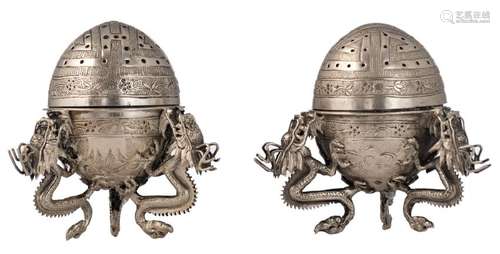 A near pair of Chinese silver egg shaped tripod