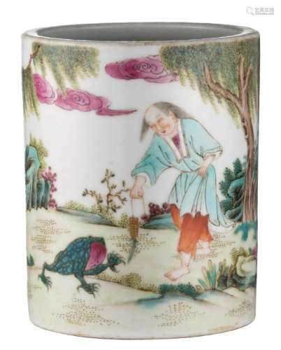 A Chinese famille rose brush pot, decorated with Liu