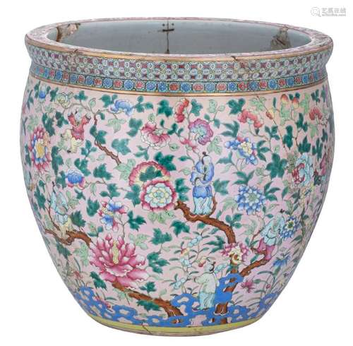 A fine Chinese pink ground famille rose fish bowl,