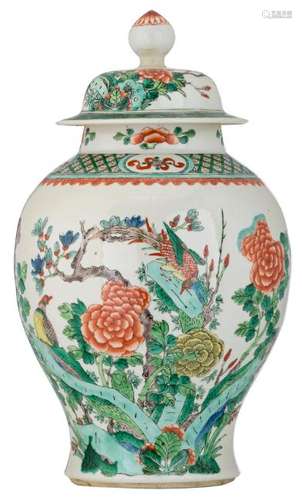 A Chinese famille verte vase and cover, decorated with