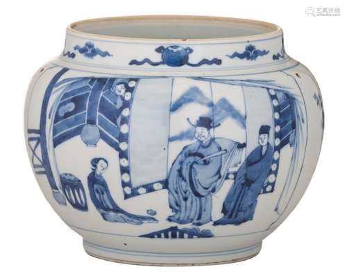 A Chinese blue and white pot, the panels decorated with