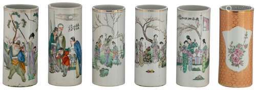 Five Chinese famille rose and polychrome cylindrical