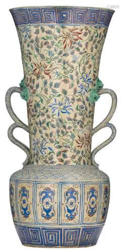 A large polychrome decorated stoneware vase, probably