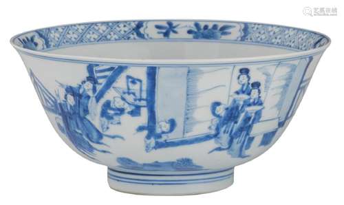 A Chinese blue and white bowl, decorated with ladies