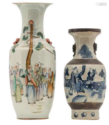 A Chinese polychrome vase, decorated with literati and