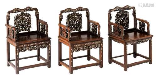 Three Chinese carved hardwood armchairs with mother of