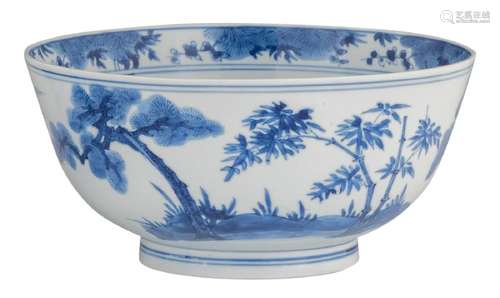 A Chinese blue and white bowl, decorated with the three