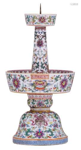 A Chinese famille rose floral decorated candelaber with