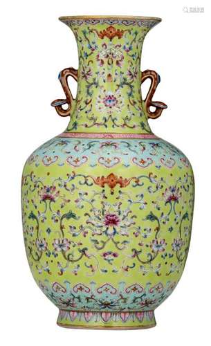 A Chinese turquoise and green ground famille rose vase,