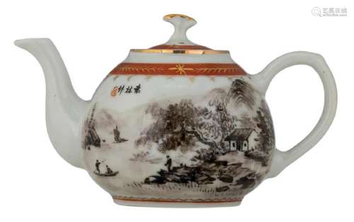 A Chinese encre de chine and iron red teapot and cover,