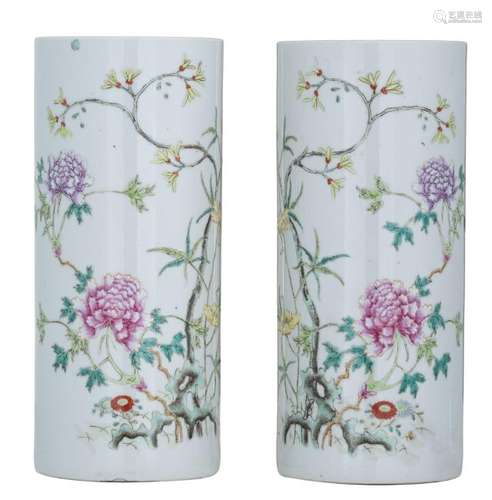 A pair of Chinese famille rose cylindrical vases,