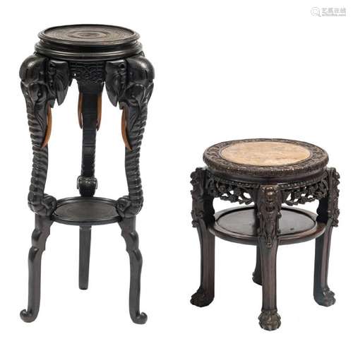 Two Oriental hardwood stands with a marble top, one of