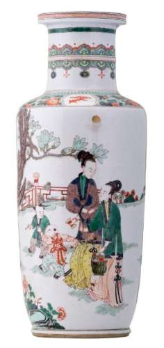 A Chinese famille verte rouleau shaped vase, overall