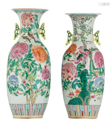 A near pair of Chinese famille rose vases, decorated