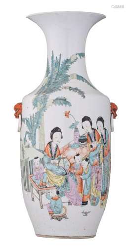 A Chinese polychrome vase, decorated with ladies and