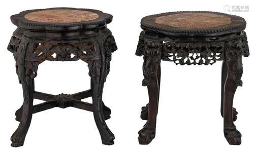 Two Chinese carved hardwood stools with marble top, H