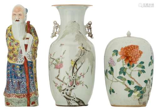 A Chinese famille rose vase and a ditto ginger jar and