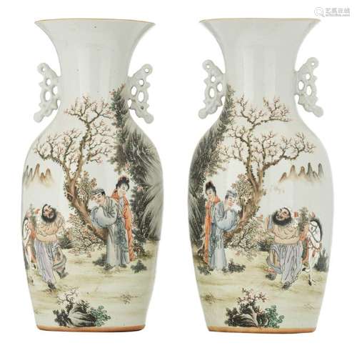 A pair of Chinese polychrome vases, with figures in a