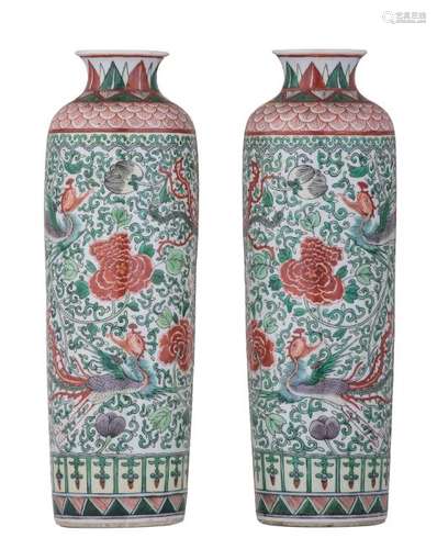 A pair of Chinese famille verte cylindrical vases,