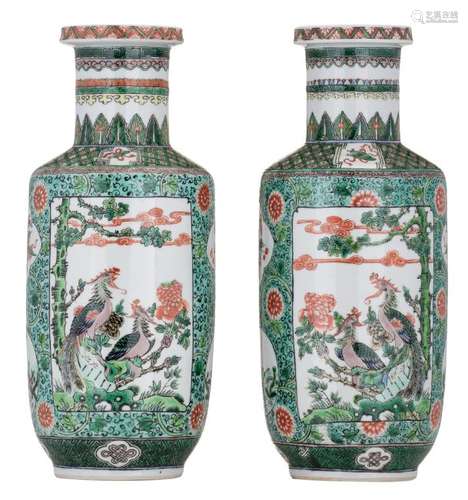 A pair of Chinese famille verte rouleau shaped vases,