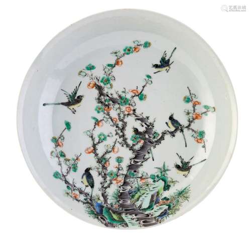 A Chinese famille verte plate, decorated with birds and