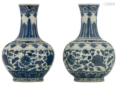 Two Chinese blue and white floral decorated bottle