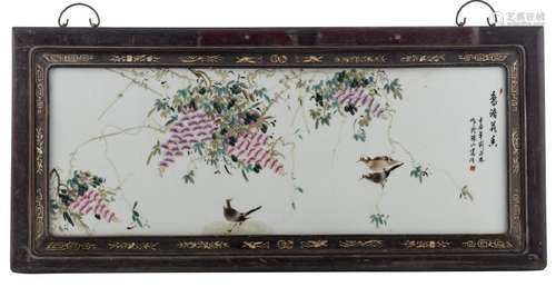 A Chinese famille rose plaque, depicting birds and