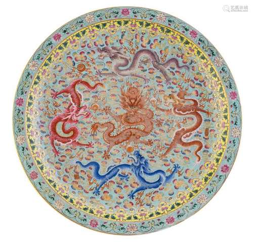 A large Chinese turquoise ground plate, decorated with