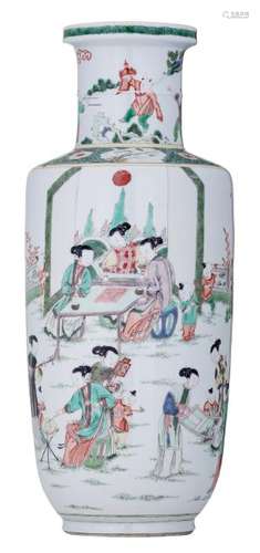 A Chinese famille verte rouleau shaped vase, decorated