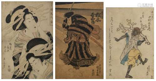 Three japanese Ukiyo-E, one depicting a kabuki actor,