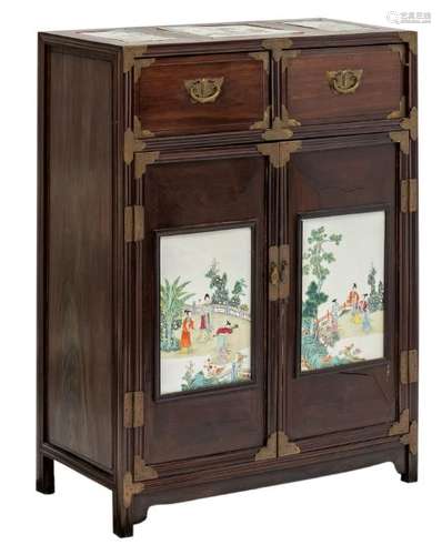 A Chinese exotic hardwood cabinet with brass mounts and