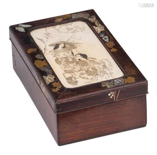 A fine Japanese rosewood box and cover, the cover with