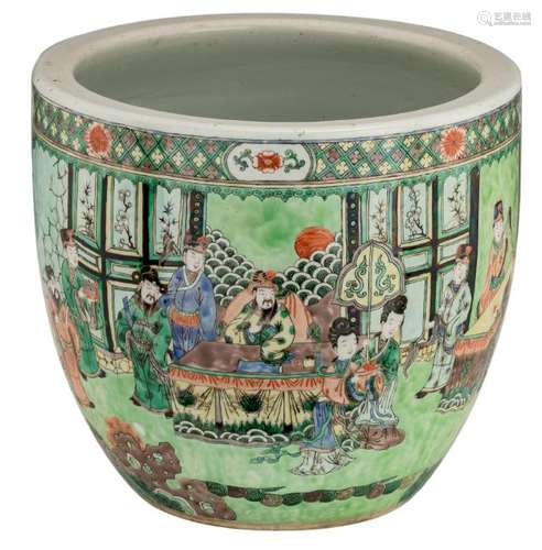 A Chinese famille verte jardiniere, overall decorated