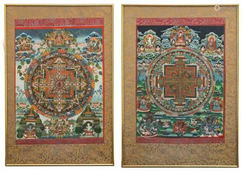 Two Tibetan tangkas, with floral decorated textile