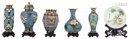 Five Chinese floral decorated cloisonne enamel vases,