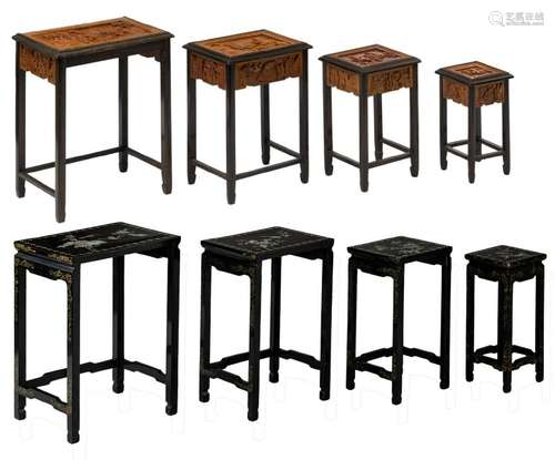 Two sets of four Chinese occasional tables, one set