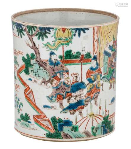 A Chinese famille verte brush pot, overall decorated