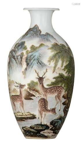 A Chinese polychrome vase, decorated with deers in a