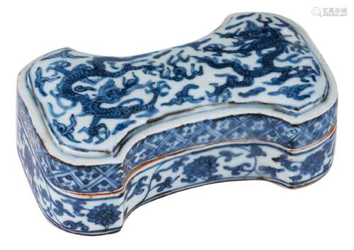 A Chinese blue and white dragon decorated pen box, the