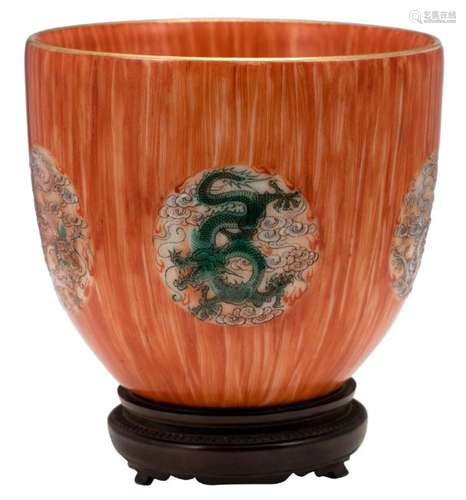 A Chinese faux-bois cup, the roundels famille verte