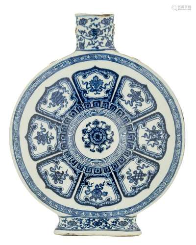 A large Chinese blue and white moon flask, decorated